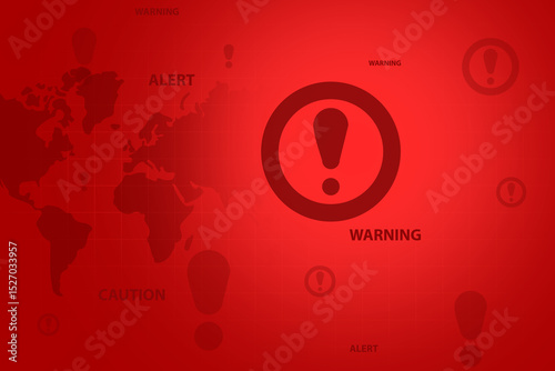 Red alert background caution and warning sign in danger, alarm concept for critical information with world map behind, dangerous threat