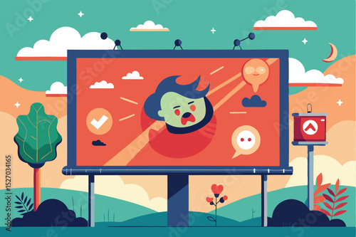 Billboard featuring a smiling woman with ideas in the city during the day and a person on the ground