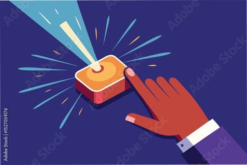 Human hand ready to push red button in outer space, with starlight emanating from switch, concept for starting an important project
