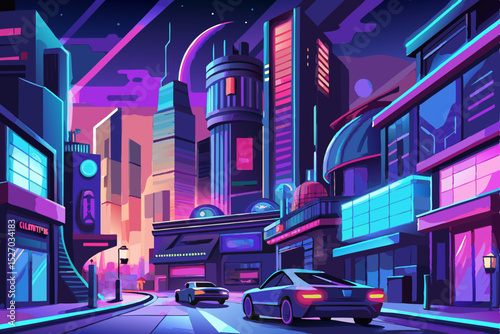 Night city street with urban traffic and illuminated buildings