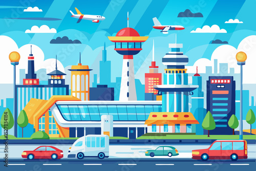 Cartoon city transportation illustration with cars, buses, and a train on a busy street