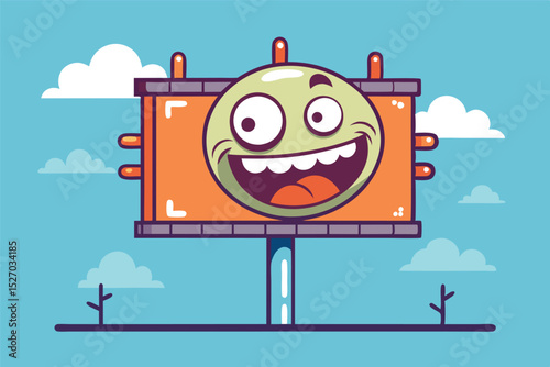 Cartoonish advertisement billboard showing a green face smiling, sunny day, illustration art style, against a blue sky and white clouds background, small cartoon trees