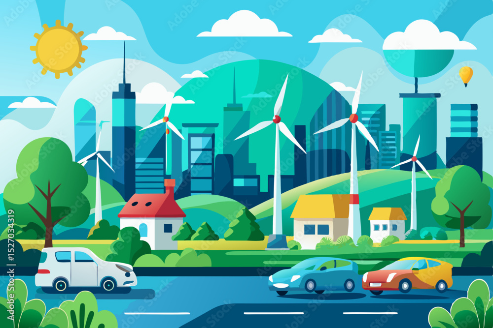 Naklejka premium City urban landscape with green eco transportation and modern architecture design