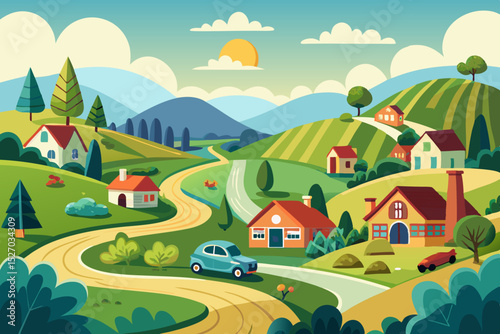 Cartoon illustration of a rural village landscape with houses, trees, and green fields under a summer sky