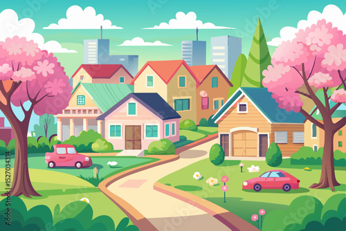 Spring landscape with houses on a hill, featuring a charming village illustration with trees and clear sky