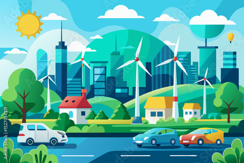 City urban landscape with green eco transportation and modern architecture design