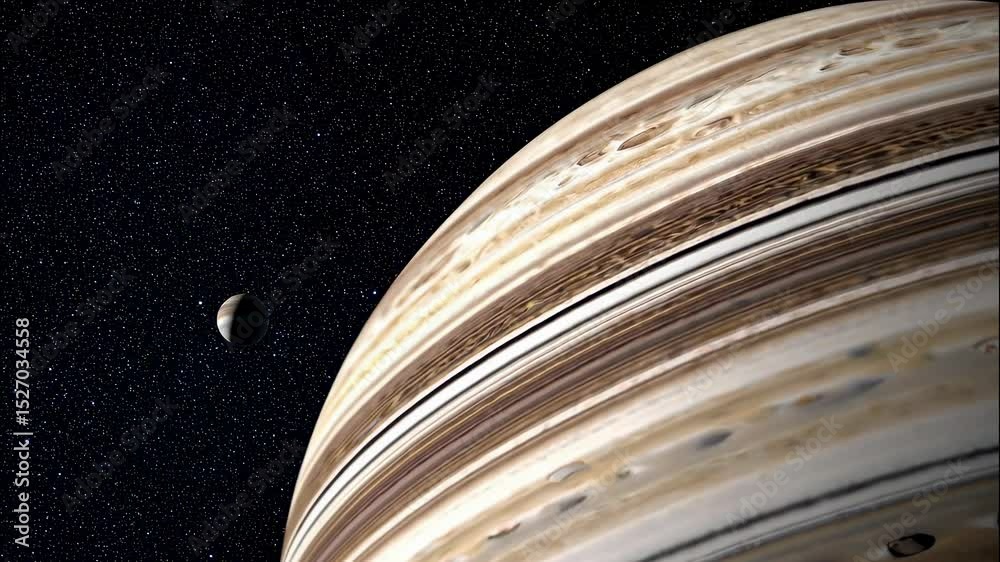 A large gas planet with rings and a distant moon against a starry background. Cosmic exploration in deep space. footage.
