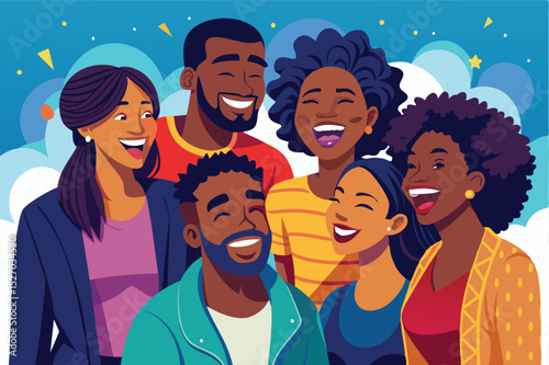 Group of cheerful African American friends laugh together, celebrating friendship, and joyfully enjoying summertime vacation