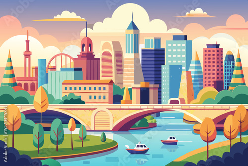 Urban landscape illustration featuring city buildings, a serene river, and a vibrant sky