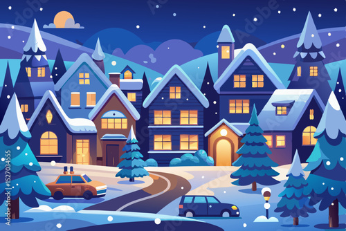 Christmas night winter town landscape with snowy houses and festive decorations