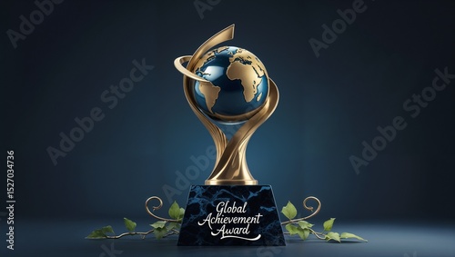 Global achievement trophy, dark background, environmental concept, award	