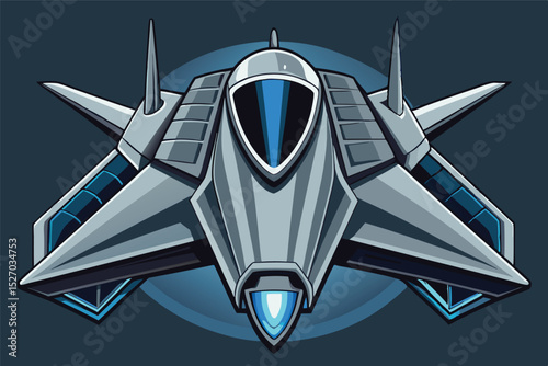 Silver fighter jet with wing spikes soaring in space, ready for action in the evening, futuristic spacecraft with aggressive style