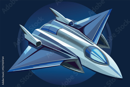 Silver fighter jet with wing spikes soaring in space, ready for action in the evening, futuristic spacecraft with aggressive style