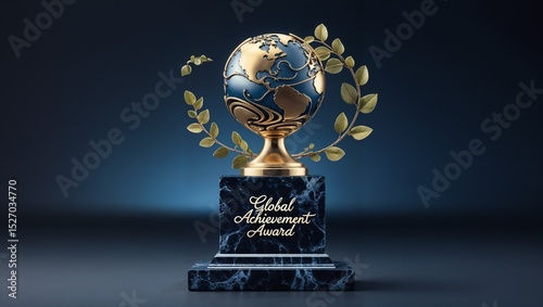 Global achievement trophy, dark background, environmental concept, award	