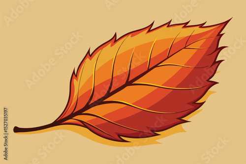 Vector art depicting an orange, yellow, and brown colored leaf in Autumn on a tan background, showing veins and sharp edges illustrating falling foliage