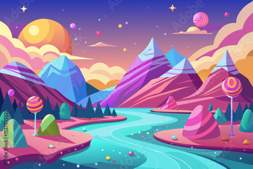 Fairytale princess at a moonlit castle, a whimsical night illustration with stars over a mountain landscape