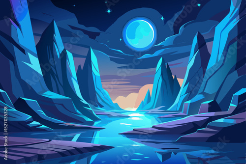 Moonlit night landscape with stars over a serene blue ocean with gentle waves
