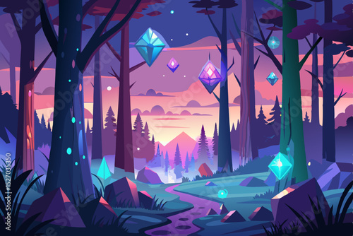 Haunted house and spooky castle vector illustration of a night city landscape with a dark forest, moon, and bare trees, perfect for a Halloween holiday scene