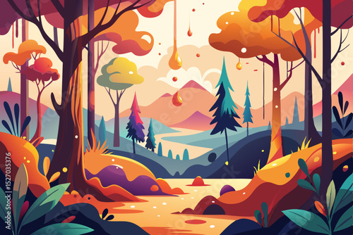 Autumn forest landscape illustration with colorful fall leaves and sunlit trees