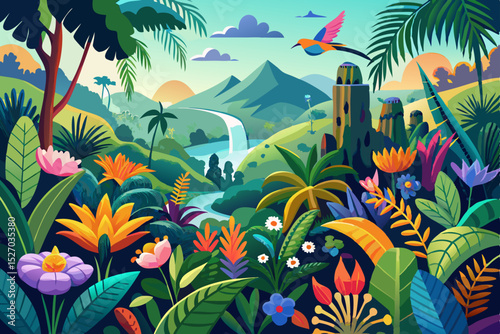 A vibrant vector illustration of a tropical island paradise with palm trees, exotic flowers, and colorful underwater sea life, perfect for a summer beach design