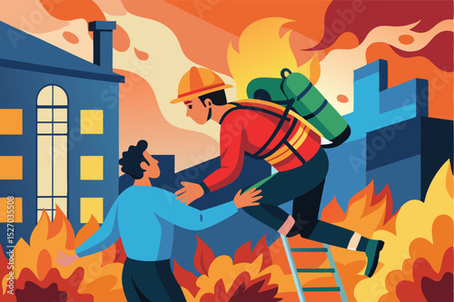 Firefighter rescuing person from burning building on Summer afternoon, scaling a ladder to assist person