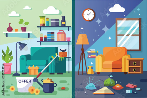 Messy room before cleaning vs clean room after tidying; cluttered home transforms into an organized living space in side by side comparison illustration