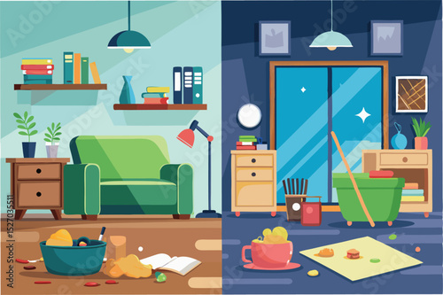 Messy room before cleaning vs clean room after tidying; cluttered home transforms into an organized living space in side by side comparison illustration