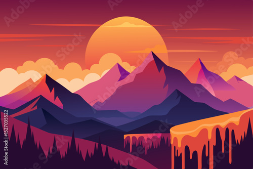 Panoramic landscape of a mountain valley at sunrise with mist and a vibrant sky