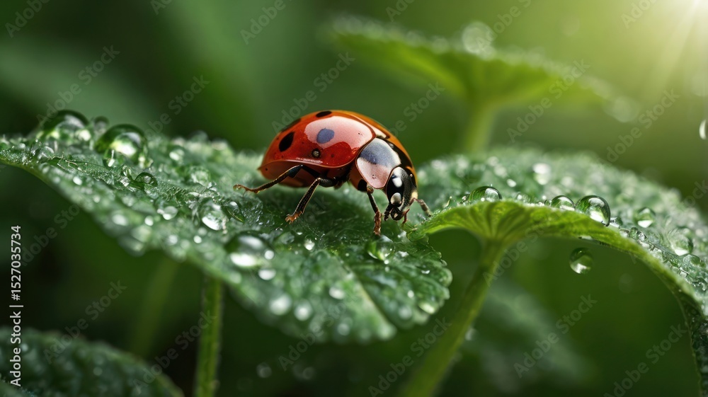 Obraz premium Ladybug on dewy green leaf