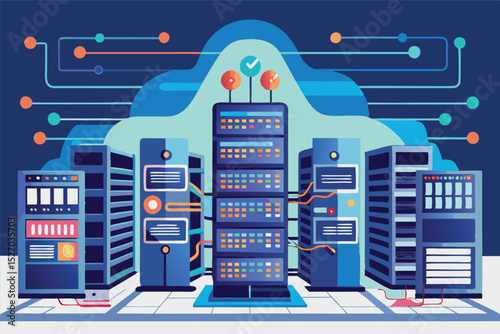 Data center server room infrastructure with cloud computing and network connection clipart vector illustration