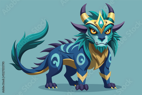Stylized blue creature with horns and swirls vector illustration standing in a neutral position with a light blue background, perfect for fantasy concept