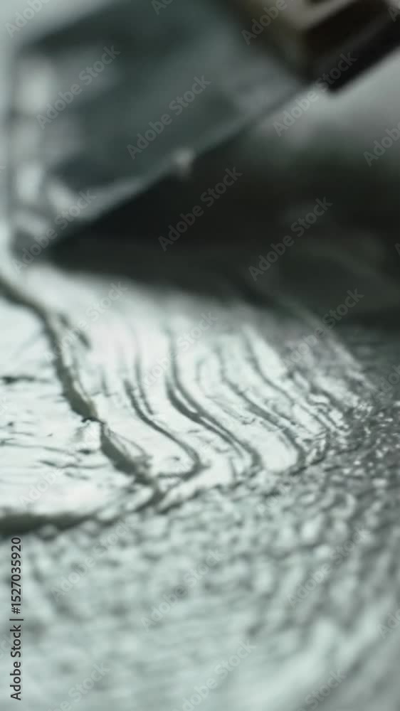 custom made wallpaper toronto digitalAn extreme close-up macro video of a metallic tool smoothly spreading thick, opaque white creamy substance, leaving flowing ridges on a finely textured surface with pleasing bokeh. Detailed lighting
