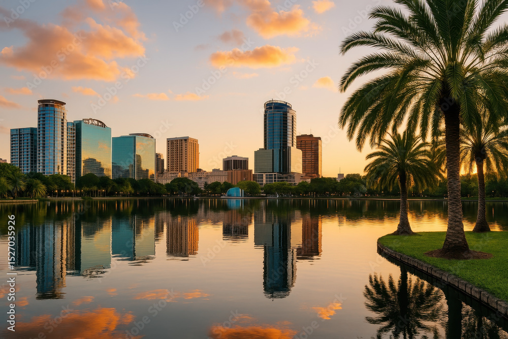 Obraz premium Golden Hour Reflection Of Orlando Skyline On Calm Lake With Palm Trees Silhouetted In Foreground