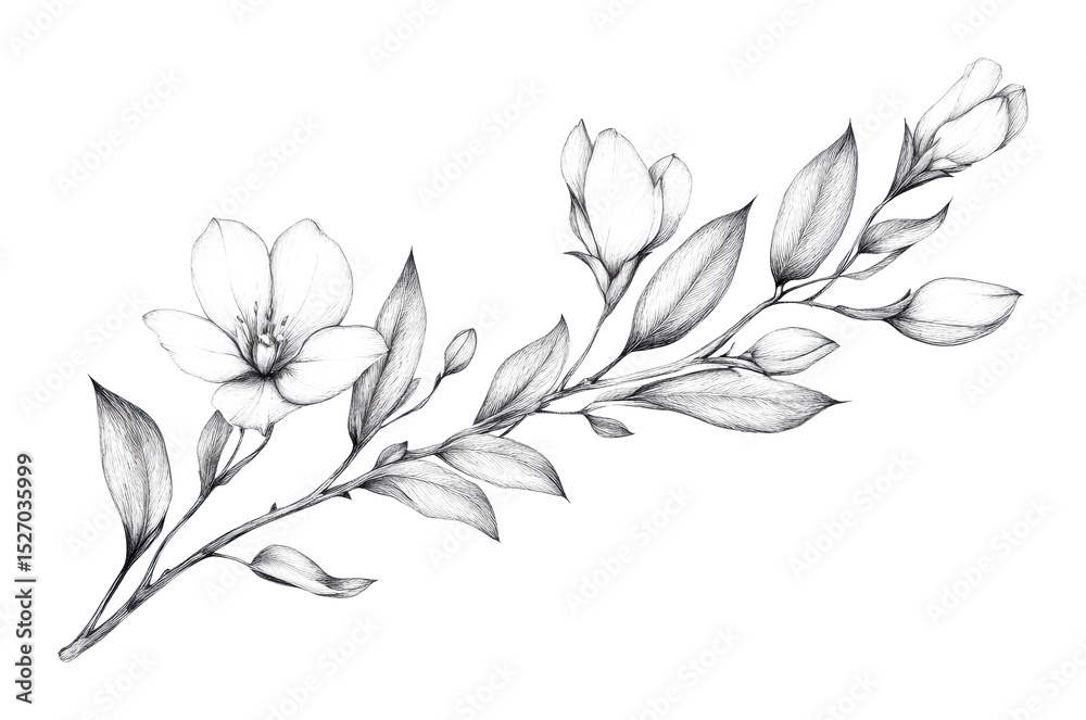 Naklejka premium Delicate flower sketch botanical art black and white nature artistic view isolated on transparent background