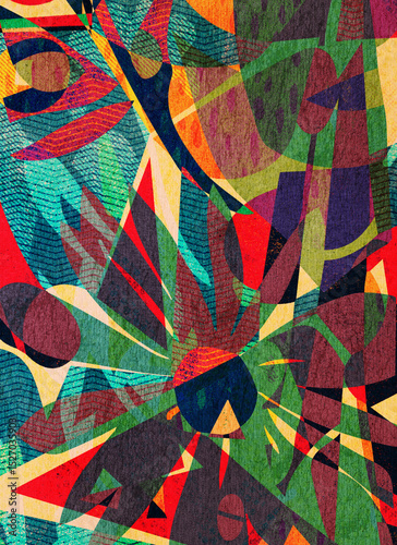Organic Shape Composition. Colorful abstract floral-inspired background with layered organic shapes, vibrant spring tones, and textured patterns evoking nature and blooming plants.