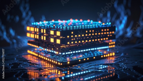 Digital Data Stack Glowing With Blue And Orange Pixelated Lights Against Dark Background	
