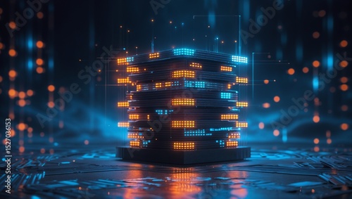 Digital Data Stack Glowing With Blue And Orange Pixelated Lights Against Dark Background	
