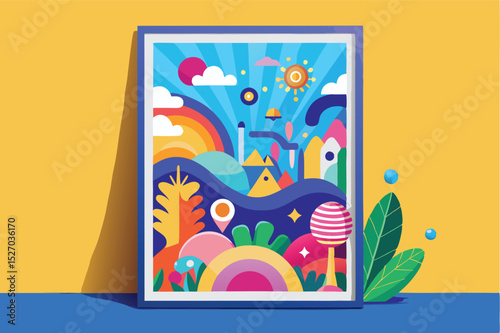 Colorful vector illustration of a whimsical landscape featuring cartoon mountains, water, and sky under a lightbulb at daytime