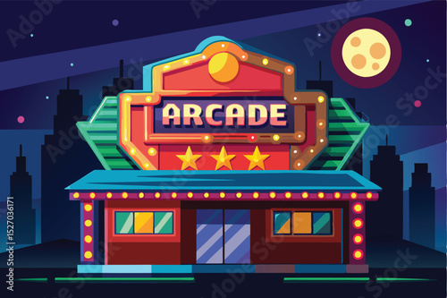 Arcade building entrance on a dark night with retro illuminated sign with stars, and illuminated windows in front of a city skyline