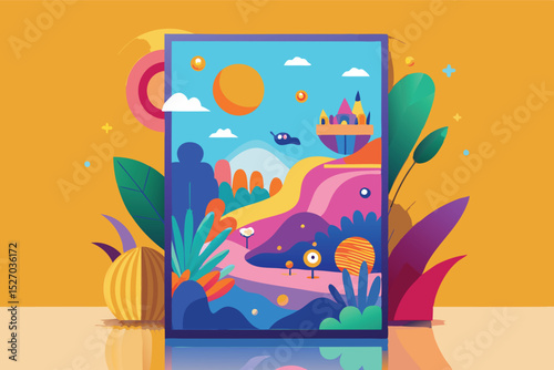 Colorful vector illustration of a whimsical landscape featuring cartoon mountains, water, and sky under a lightbulb at daytime