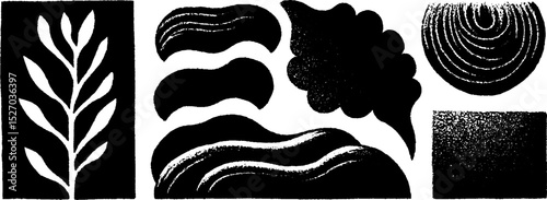 Abstract black and white folk art set: natural elements and textured shapes for creative design