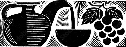 Folk art woodcut illustration featuring jug, bowl, and grapes with rustic print texture