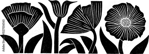 Floral folk art design with woodcut print texture for decorative craft projects