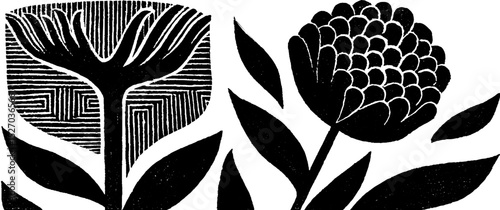 Folk art floral design with woodcut print texture for artistic decor and craft projects