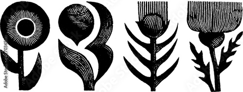 Folk art style botanical woodcut illustration with rustic texture