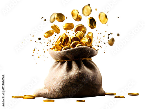Gold coins spilling from bag, isolated on transparent background