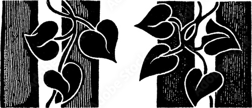 Folk art style botanical design with woodcut print texture for decorative use