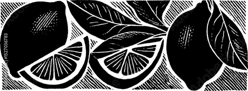 Folk art style woodcut illustration of lemons with vintage texture design