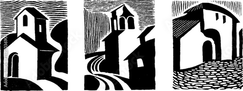 Charming folk art style woodcut print of rustic countryside architecture