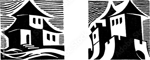 Folk art style village houses in woodcut print with textured details